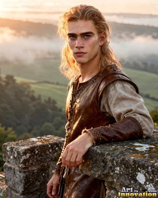 A blond young man in a leather vest leans on a stone wall above misty hills