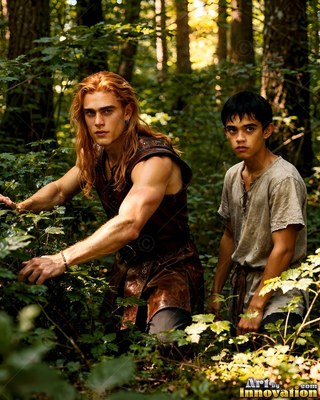 Crouching among green bushes, a red-haired man in brown leather pauses with a boy