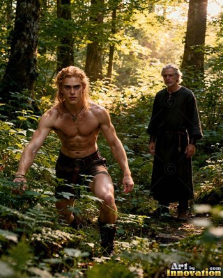 A shirtless young man crouches in a green forest as an older man watches
