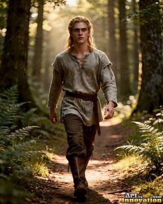 A young man walks along a dirt forest trail as warm sunlight shines from behind