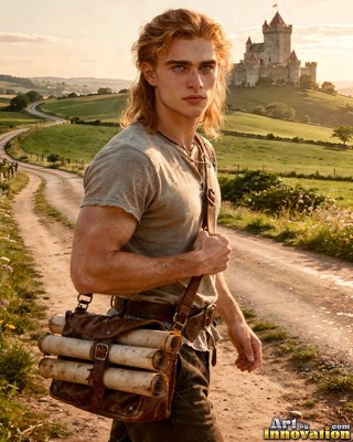 Facing forward, a fair-haired man walks along a dirt path with a distant castle behind him