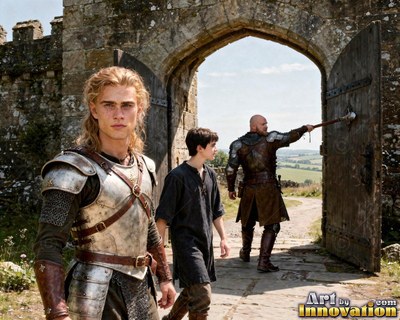 A blond young man in a suit of steel armor stands outside an open stone castle gate
