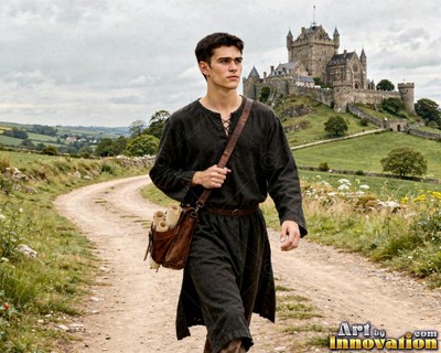On a dirt road near a stone castle, a young man walks in a dark tunic