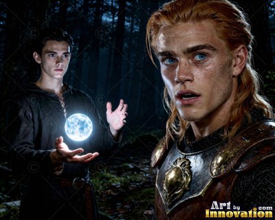 Guiding a bright orb in the dark woods, a young man stands beside an armored man