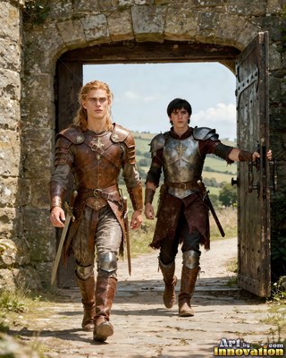 Walking forward through a stone gate, two armored young men step outside
