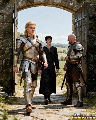 A young blond man in a suit of steel armor walks through a stone gate with two companions