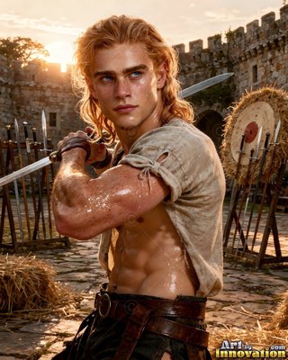 Training with a sword, a sweaty man with blond hair poses in a castle courtyard