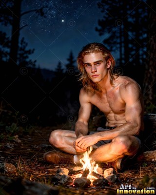 A shirtless man sits cross-legged by a small campfire at night