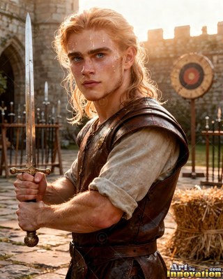 A leather vest clothes a blond young man raising a steel sword in a stone castle yard