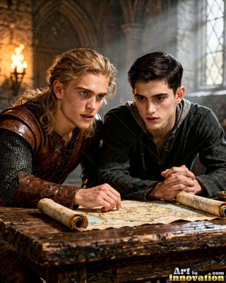 Two young men study an old map on a wooden table in soft daylight from a window
