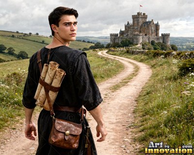 Looking back, a young man walks on a dirt road leading to a distant stone castle