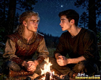 Under a night sky, two young men sit talking beside a warm campfire