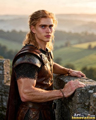 A blond young man in leather armor leaning on a stone wall
