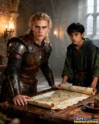 Brown leather armor covers a young man standing beside a boy over a map in a stone hall