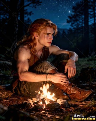 Sitting in a dark forest at night, a young man rests beside a small campfire