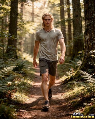 A blond young man in a gray shirt walks along a sunny dirt path in the woods