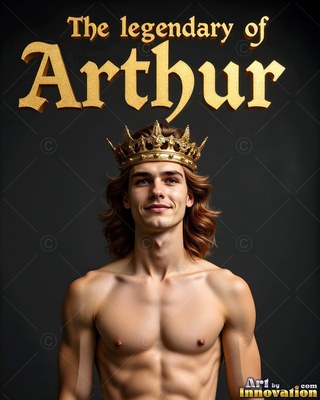 Against a dark background, a shirtless young man smiles wearing a gold crown