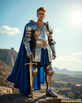 Holding a sword on a rocky hill, a man in silver-plated armor wears a long blue cape