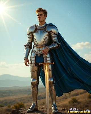 A blond man in plate armor stands with a sword and cape colored blue