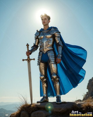 A young man wearing steel plate armor and a bright blue cape has a sword in hand atop a sunlit rocky hill