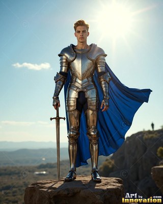 A man in armor stands holding a sword as bright sunlight hits his cape in blue