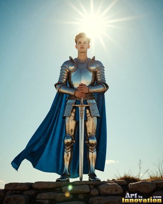 Standing straight on stone blocks, a man wearing shining silver armor carries a sword under sun
