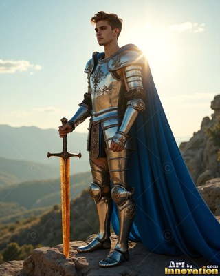 A young man wearing steel armor has a sword in hand on a sunlit cliff with a blue cape