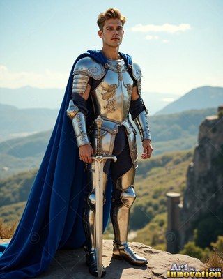 On a high mountain cliff, a man wearing steel armor stands with a cape colored blue and sword