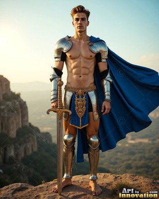 Standing on a cliff, a bare-chested man grips a sword in a cape in blue and armor