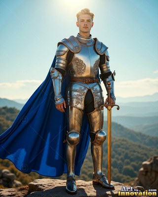 Young armor-clad man in steel and a cape in blue carries a sword
