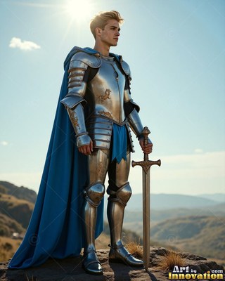 Draped in a long cape in blue, a young man with blond hair in steel armor rests on his sword atop a hill in the sun