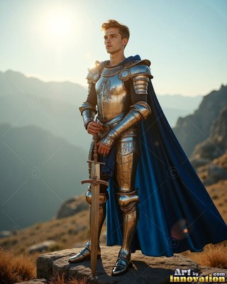 A young armor-clad man in steel carries a sword on a mountain in pale sunlight