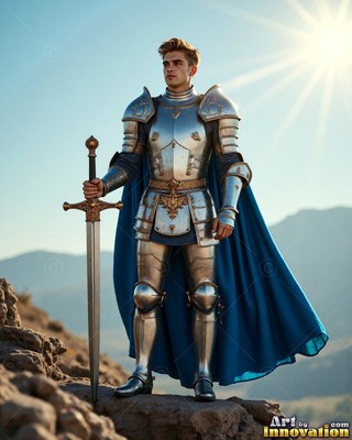 Standing on a rocky cliff, a young man in a suit of steel armor alongside a blue cape grasps a sword