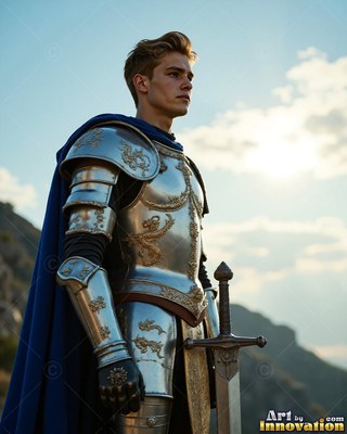 A young blond-haired man wearing silver plate armor plus a cape colored blue stands beside his sword outdoors