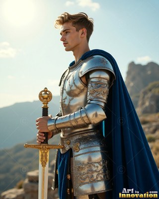 On a sunny mountaintop, a young man dressed in steel armor grasps a sword with a blue cape