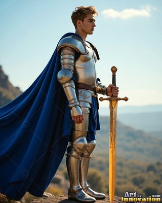A blue cape drapes behind a young man in full steel armor standing on a hill with a sword