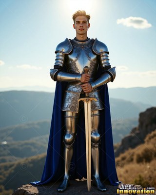 A young armor-clad man in steel leans on his sword under soft daylight with a deep blue cape