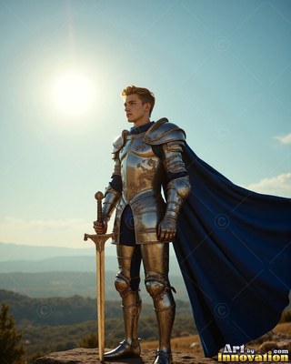 Standing on a hill, a man dressed in silver armor holds a sword by his side under bright sunlight