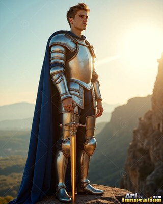 A young man wearing steel armor stands on a cliff with a cape colored blue and sword