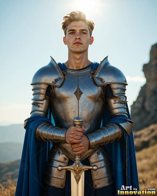 On a sunny hill, a young man in steel armor holds his sword upright