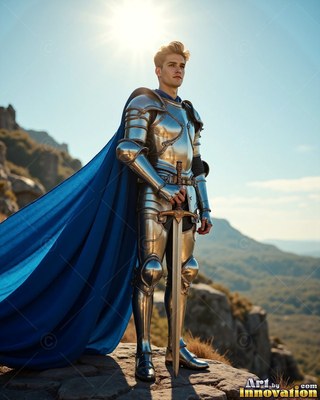 Standing on a sunny cliff, a young man in a suit of steel armor alongside a blue cape has a sword in hand
