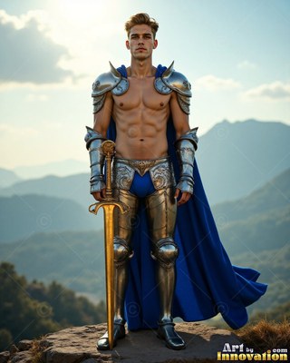 A shirtless man in armor holds a sword on a mountain ridge