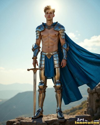 Wearing a cape colored blue, a bare-chested man dressed in steel armor grips a sword atop a sunny hill