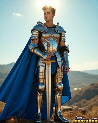 A man in plate armor stands leaning on a sword with a long blue cloak in the bright sun