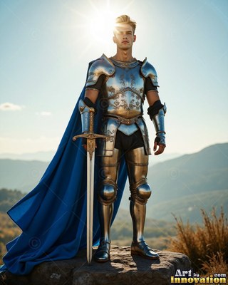 Standing on a rock, a silver-clad man armor carries a sword under bright sun