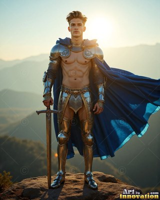 A young man in shiny armor and a cape colored blue carries a sword on a mountain peak