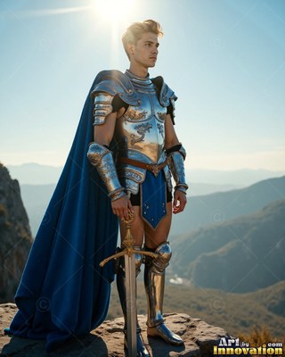 On a rocky cliff, a young silver-clad man armor stands with a blue cape and sword