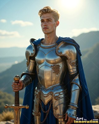 A steel-clad young man armor holds a sword on a ridge under bright warm sunlight