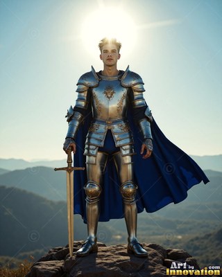 Standing atop a rocky hill, a young man in a suit of steel armor grasps a sword under a bright sun