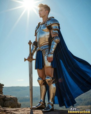 A young man dressed in steel armor holds a sword on a sunny hilltop in a cape colored blue